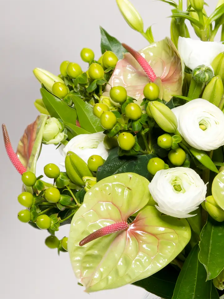 Bouquet di anthurium pistache ranuncoli bianchi e bacche verdi dettagli
